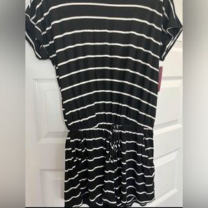 Casual Striped Black and White Romper with Short Sleeves and Drawstring …
